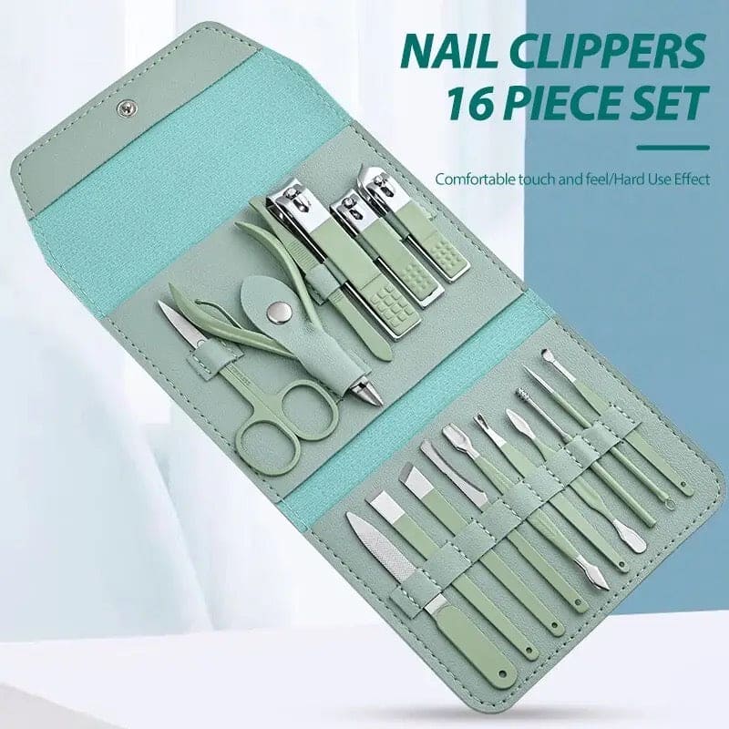 Set Of 16 Nail Clipper, Stainless Steel Manicure Kit With Folding Bag